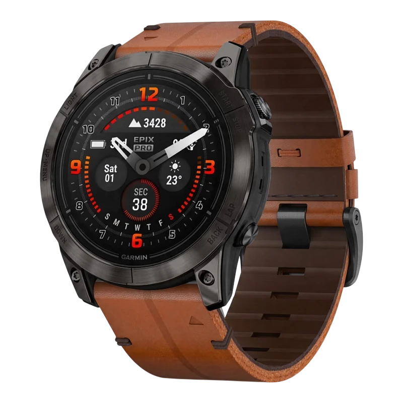 Garmin Epix Pro Gen 2 Sapphire 51 мм, титановый угольно-серый, DLC, коричневый кожаный ремешок
